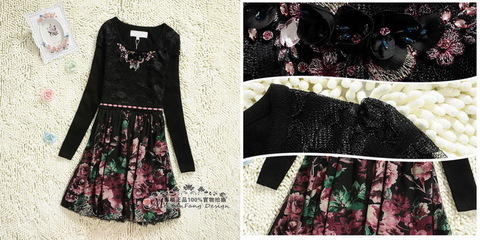 批發(fā)采購服裝代理加盟-供應(yīng)卓姿喬雅風(fēng)格 拼接碎花羊毛保暖長袖連衣裙 誠招網(wǎng)店代理.