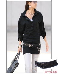 a16815黑 09春裝新款,韓版配腰帶超酷休閑長款襯衣