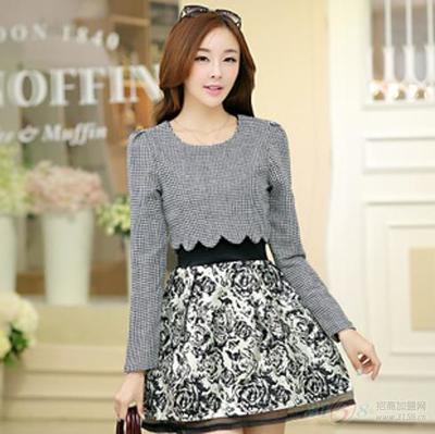 2014冬季新款韓版女裝 千鳥格長袖假兩件套連衣裙 廠家批發代理_色韻花服裝-3158招商加盟網
